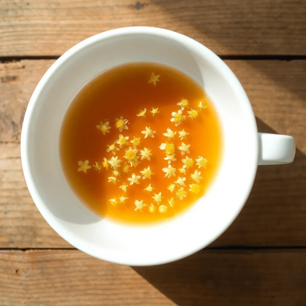 Xícara de cerâmica branca com chá de camomila fumegante ao lado de flores secas